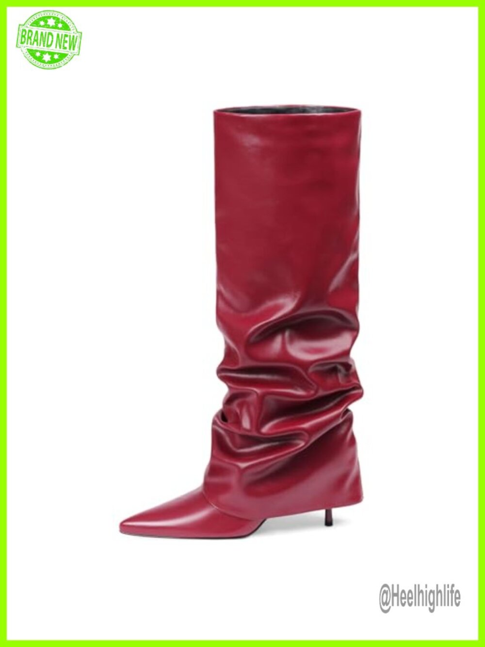Wide Calf Knee High Boots Faux Leather Fold Over Stiletto Heel